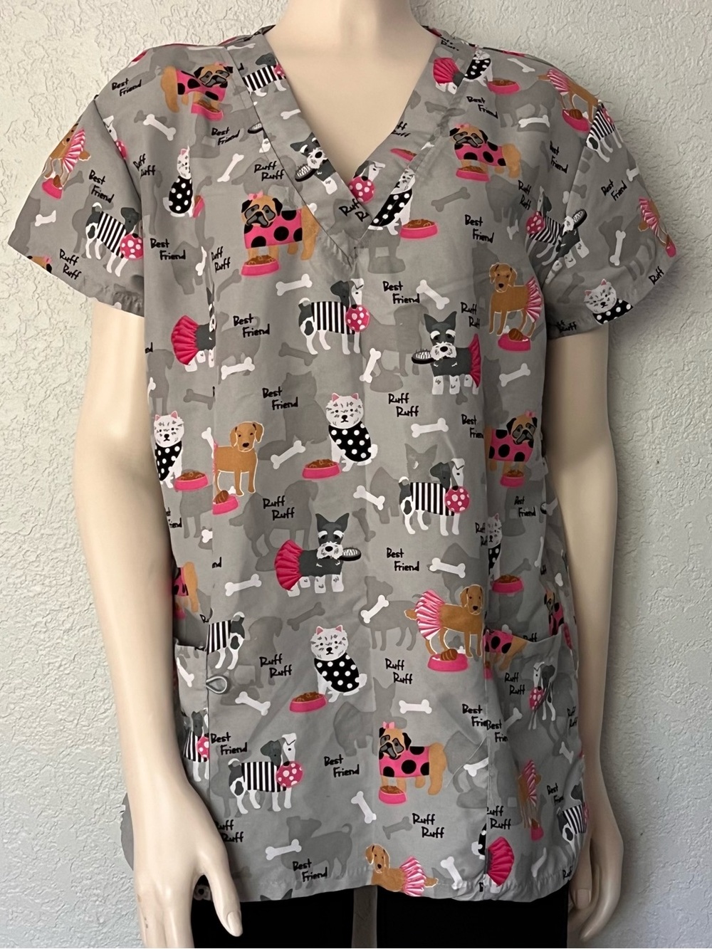 Dog Print Scrub Medical Vet Nurse Uniform Top Women’s Small Gray V Neck Cute